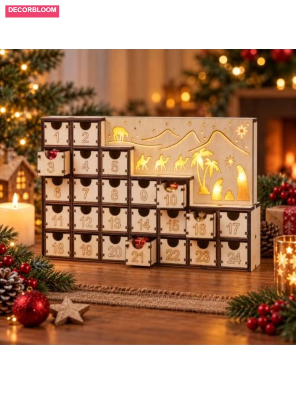 Wooden Christmas Advent Calendar 24 Drawers Lighted Nativity Scene Tabletop